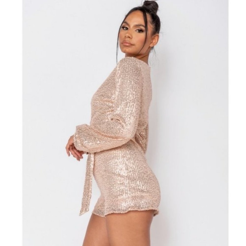 Sequins Long Sleeve V-Neck Romper Playsuit - Picture 3 of 7